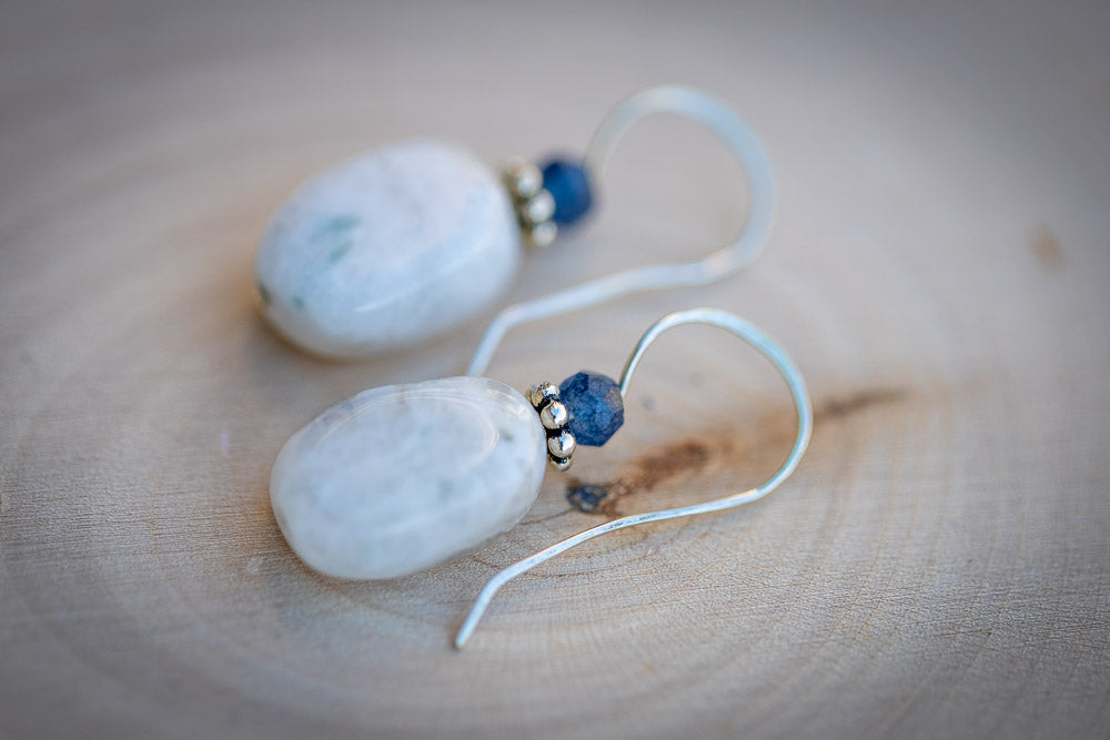 White Moonstone, Sapphire &amp; Sterling Silver Earrings