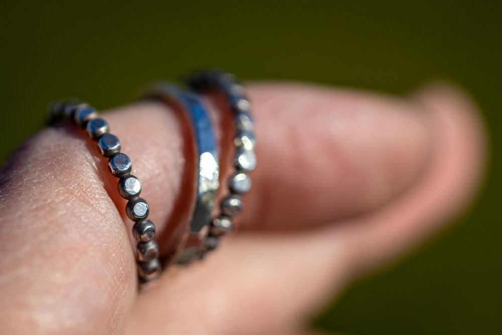 Beaded Solid Sterling Silver Stack Ring Set | Hand-Hammered