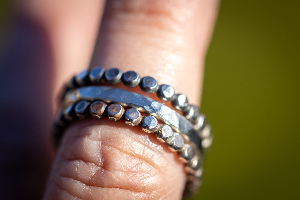 Beaded Solid Sterling Silver Stack Ring Set | Hand-Hammered Artisan Rings Em'z Blendz Soap Co.