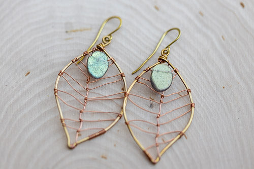 Labradorite Leaf Earrings | Handcrafted with Antiqued Copper & Brass