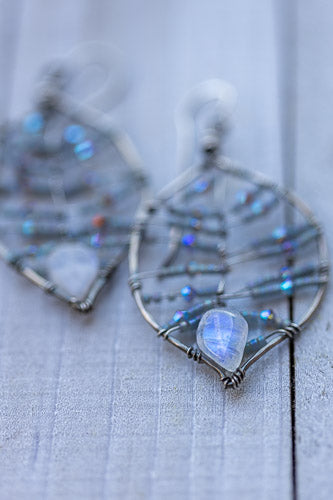 Rainbow Moonstone Leaf Earrings | Handcrafted with Austrian Crystals & Sterling Silver