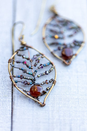 Cinnamon Garnet Leaf Earrings | Handcrafted with Antiqued Copper &amp; Brass