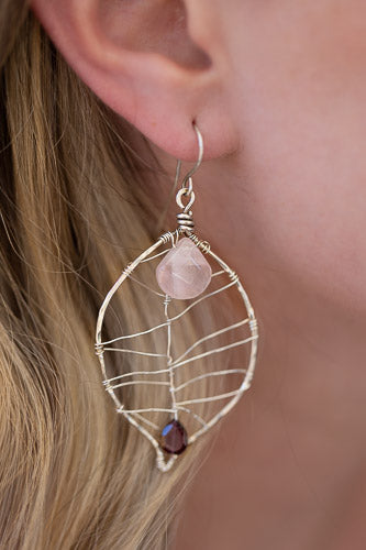 Rose Quartz & Garnet Leaf Earrings | Handcrafted with Fine Silver