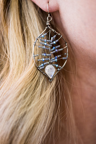 Rainbow Moonstone Leaf Earrings | Handcrafted with Austrian Crystals & Sterling Silver