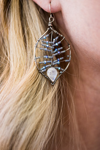 Rainbow Moonstone Leaf Earrings | Handcrafted with Austrian Crystals &amp; Sterling Silver