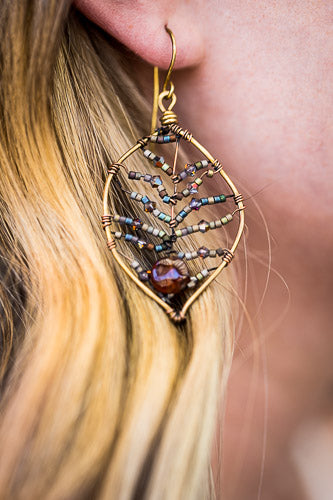 Cinnamon Garnet Leaf Earrings | Handcrafted with Antiqued Copper &amp; Brass