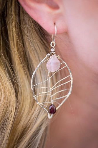 Rose Quartz & Garnet Leaf Earrings | Handcrafted with Fine Silver