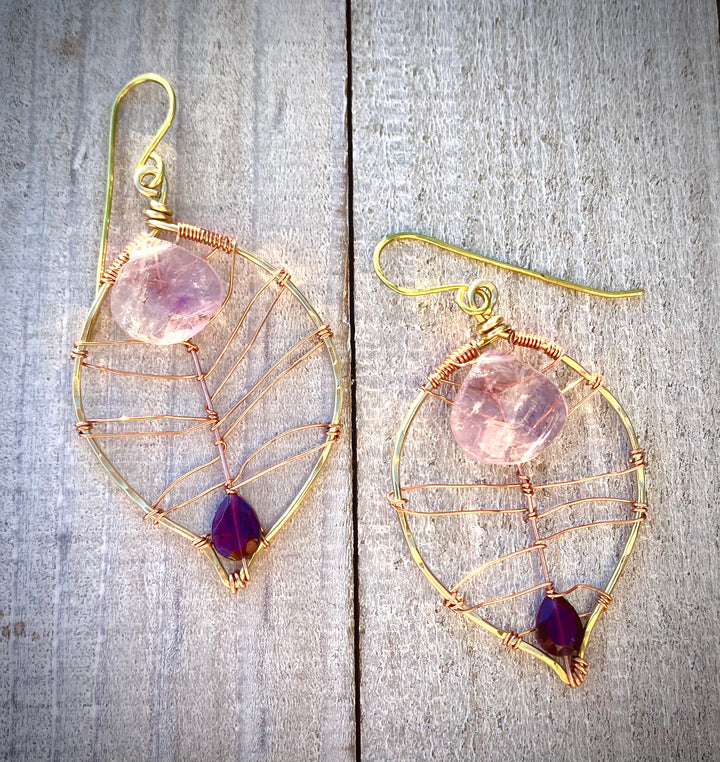 Lavender Amethyst & Rhodolite Garnet Leaf Earrings | Handcrafted with Antiqued Copper & Brass