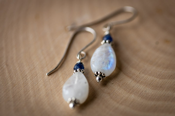 Rainbow Moonstone, Sapphire & Sterling Silver Earrings