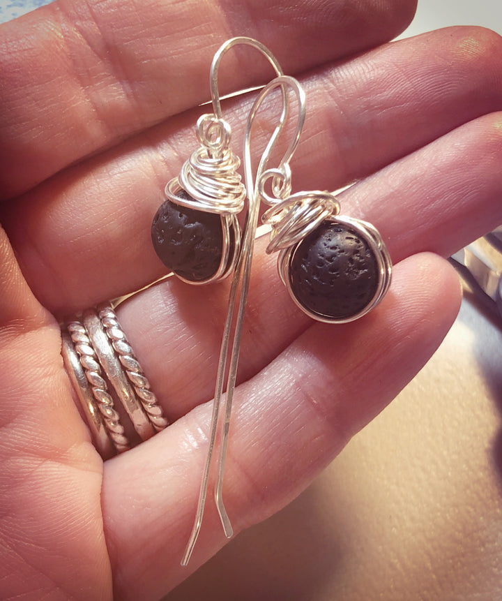 Fine Silver Lava Stone Earrings | Personal Aromatherapy Diffuser Earrings    Em'z Blendz Soap Co.