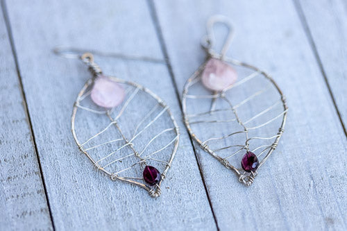 Rose Quartz & Garnet Leaf Earrings | Handcrafted with Fine Silver