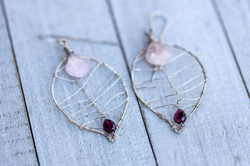 Rose Quartz & Garnet Leaf Earrings | Handcrafted Fine Silver Jewelry Em'z Blendz Soap Co.