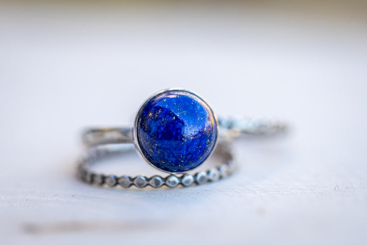 Lapis Lazuli Stack Ring Set | Hand-Hammered Solid Fine Silver