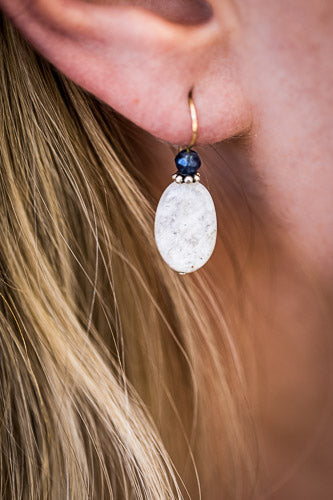 White Moonstone, Sapphire & Sterling Silver Earrings    Em'z Blendz Soap Co.
