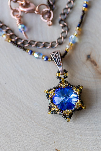 Lotus Flower Necklace | Handwoven Sapphire Blue Crystal & Copper