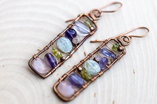 Framed Gemstone Earrings | Hand-hammered Copper with Amethyst, Peridot, Aquamarine & Rose Quartz