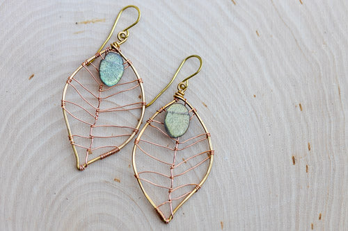 Labradorite Leaf Earrings | Handcrafted with Antiqued Copper & Brass