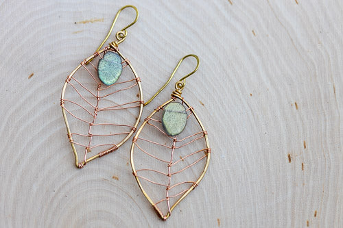 Labradorite Leaf Earrings | Handcrafted with Antiqued Copper &amp; Brass