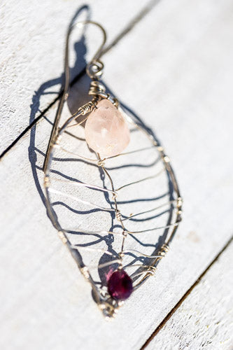 Rose Quartz & Garnet Leaf Earrings | Handcrafted with Fine Silver