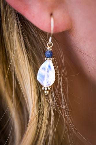 Rainbow Moonstone, Sapphire & Sterling Silver Earrings