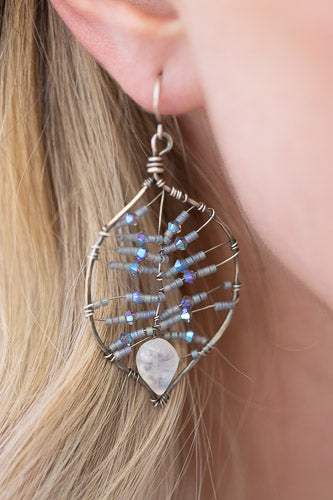 Rainbow Moonstone Leaf Earrings | Handcrafted with Austrian Crystals &amp; Sterling Silver