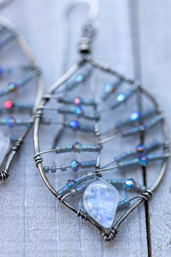 Rainbow Moonstone Leaf Earrings | Handcrafted with Austrian Crystals & Sterling Silver Em'z Blendz Soap Co.