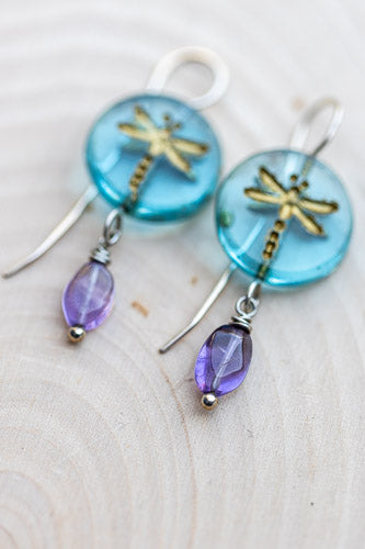 Aqua Dragonfly Glass Earrings | Handcrafted with Amethyst & Sterling Silver    Em'z Blendz Soap Co.