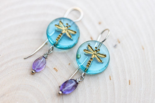 Aqua Dragonfly Glass Earrings | Handcrafted with Amethyst & Sterling Silver    Em'z Blendz Soap Co.