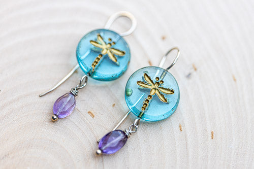 Aqua Dragonfly Glass Earrings | Handcrafted with Amethyst &amp; Sterling Silver