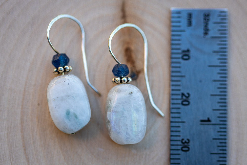 White Moonstone, Sapphire & Sterling Silver Earrings