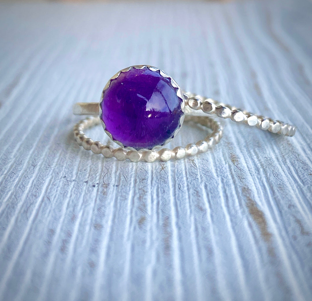 Amethyst Stack Ring Set | Hand-Hammered Solid Fine Silver