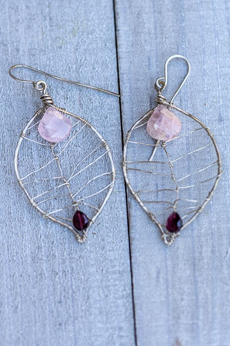 Rose Quartz & Garnet Leaf Earrings | Handcrafted with Fine Silver