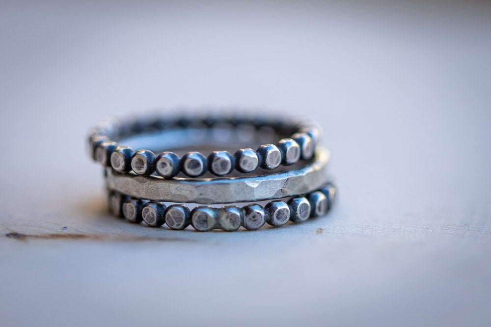 Beaded Solid Sterling Silver Stack Ring Set | Hand-Hammered