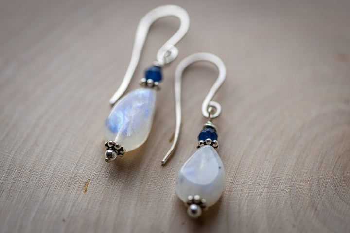 Rainbow Moonstone, Sapphire & Sterling Silver Earrings