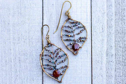 Cinnamon Garnet Leaf Earrings | Handcrafted with Antiqued Copper & Brass