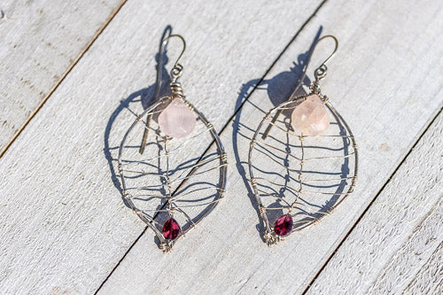 Rose Quartz & Garnet Leaf Earrings | Handcrafted with Fine Silver