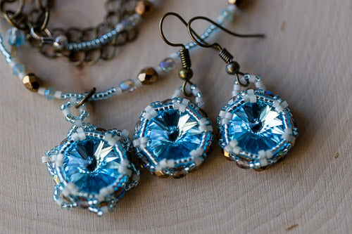 Lotus Flower Necklace | Handwoven Aqua Blue Crystal &amp; Brass