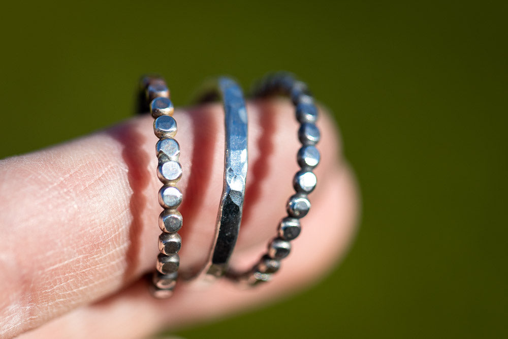 Beaded Solid Sterling Silver Stack Ring Set | Hand-Hammered