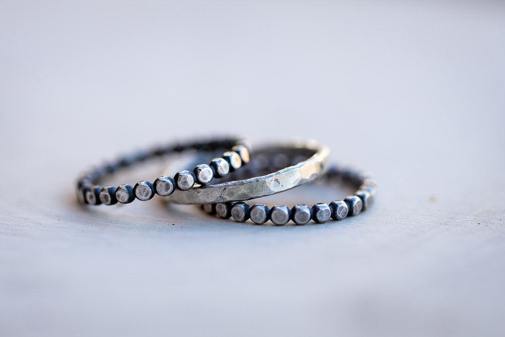 Beaded Solid Sterling Silver Stack Ring Set | Hand-Hammered