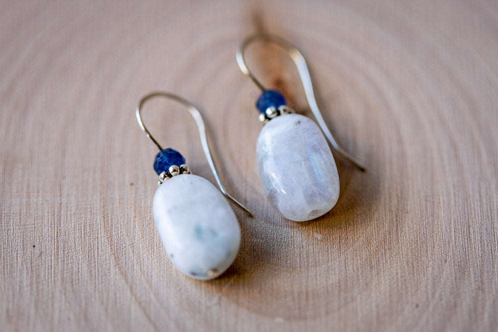 White Moonstone, Sapphire & Sterling Silver Earrings    Em'z Blendz Soap Co.