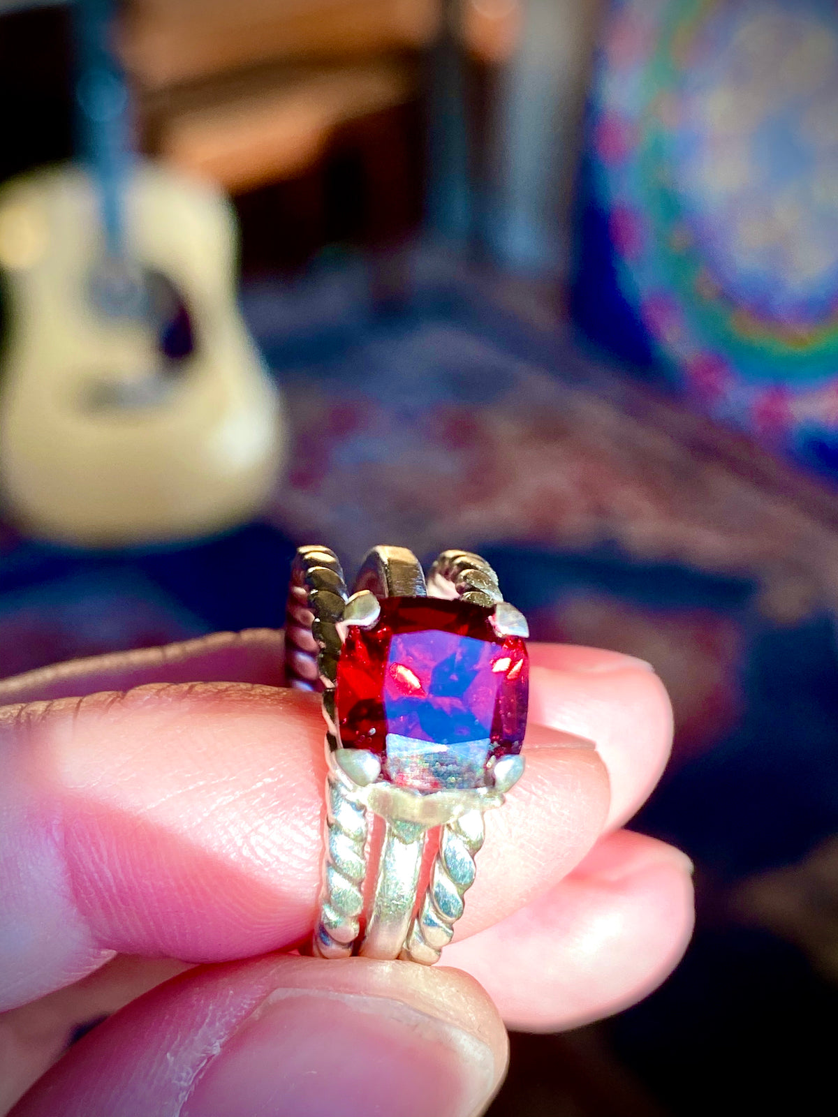 Brilliant Red Garnet &amp; Fine Silver Hearts Stack Ring Set, 2.25cts - Emz Blendz