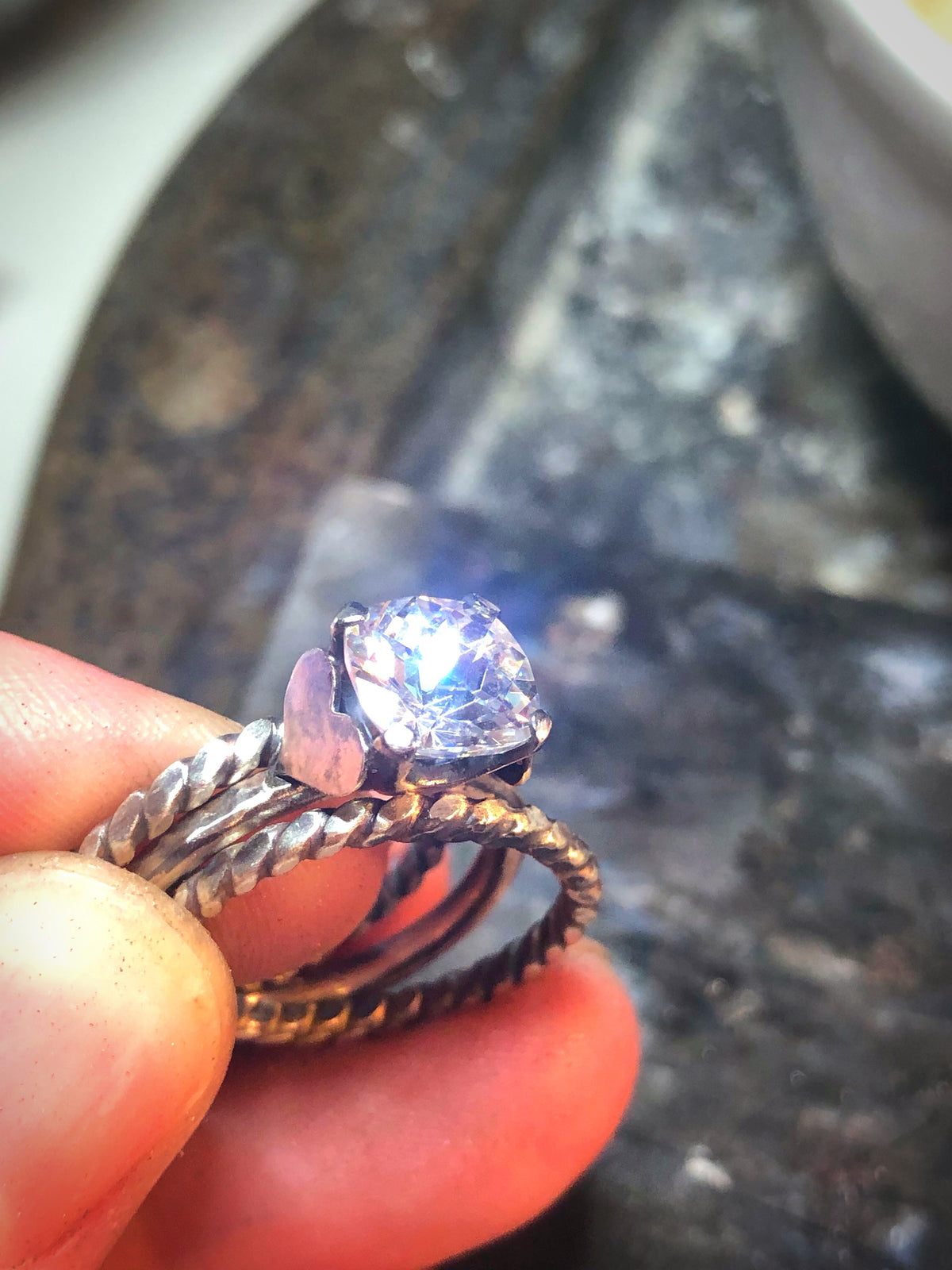 Diamond Simulant Ring Set with Fine Silver Hearts, 2cts - Emz Blendz