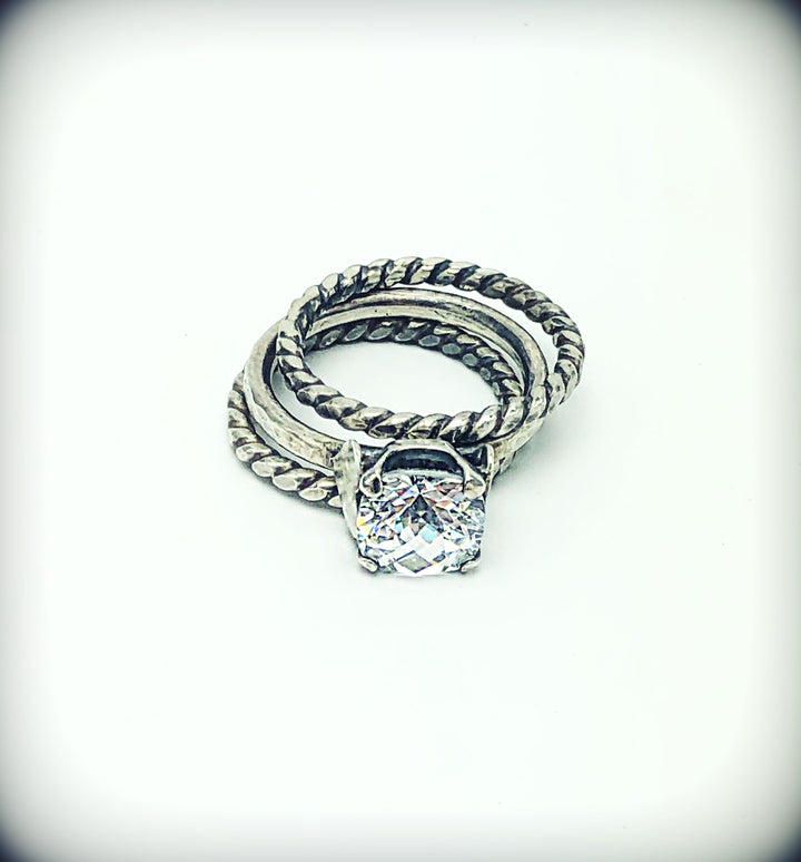 Diamond Simulant Ring Set with Fine Silver Hearts, 2cts - Emz Blendz