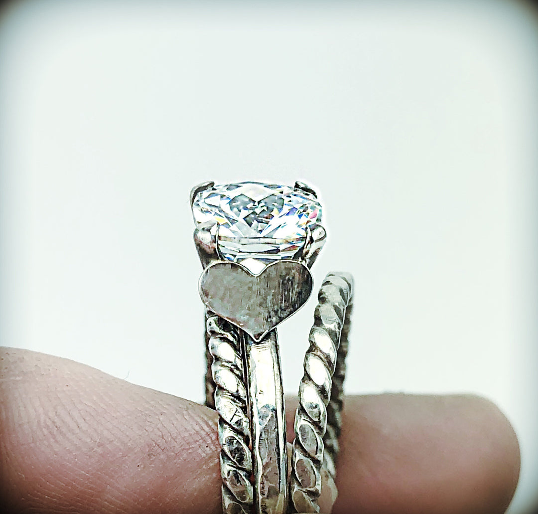 Diamond Simulant Ring Set with Fine Silver Hearts, 2cts - Emz Blendz