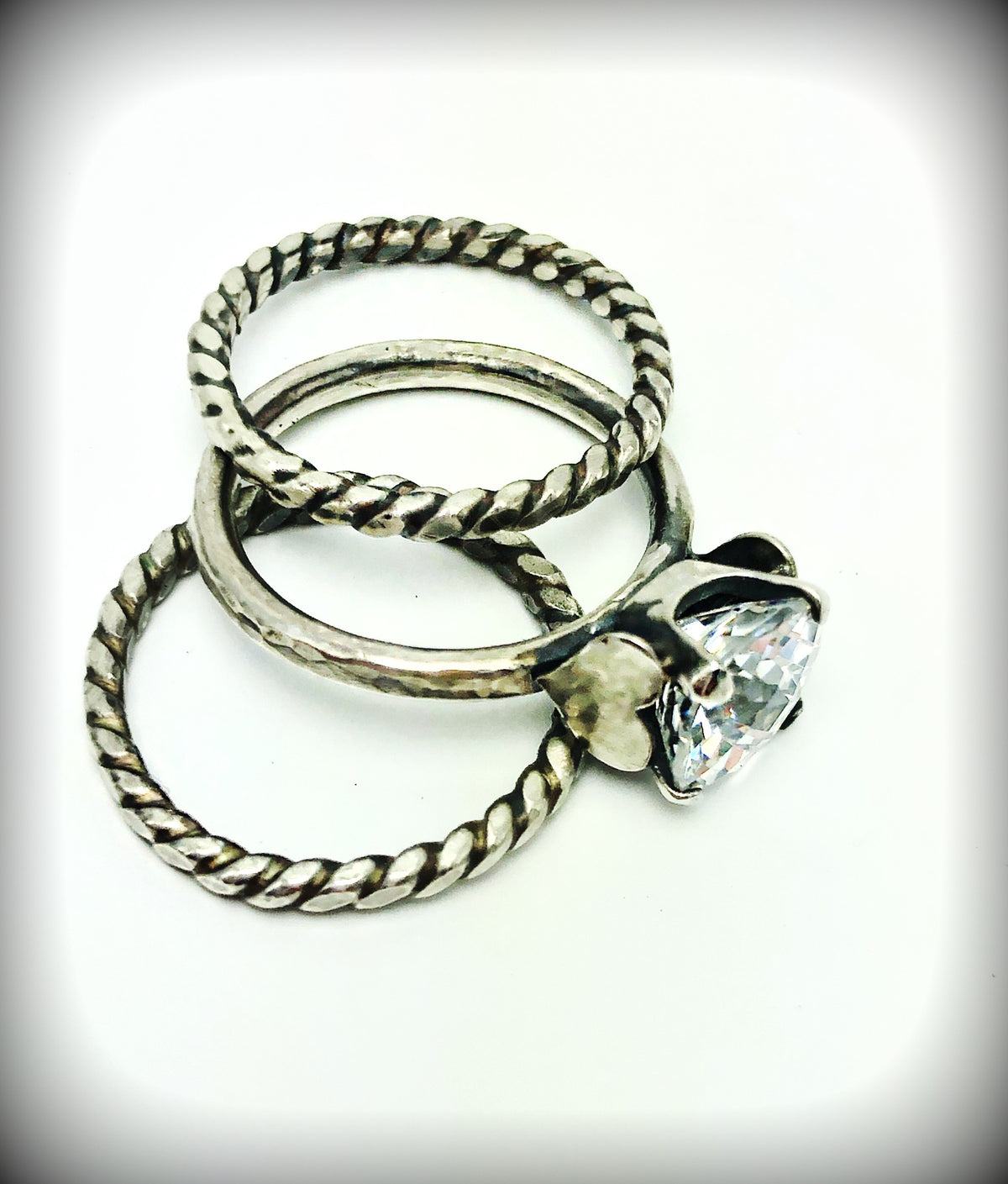 Diamond Simulant Ring Set with Fine Silver Hearts, 2cts - Emz Blendz